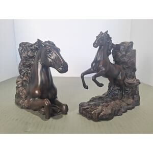 Horse Bookends Set Faux Bronze Western Rustic Decor Stallion Rearing Pair